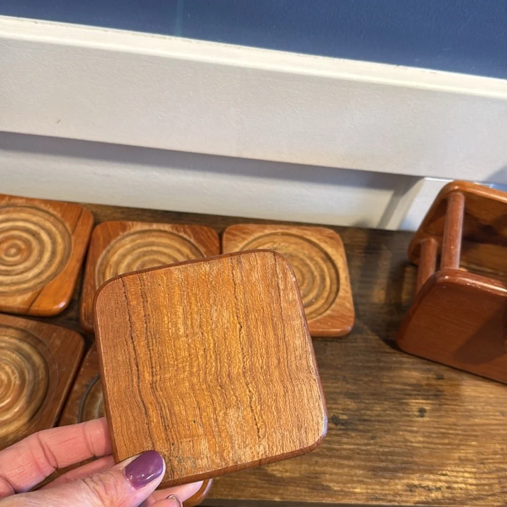 Vintage set of 6 Winsome ART MCM Square Coasters & Rack Teak Wood